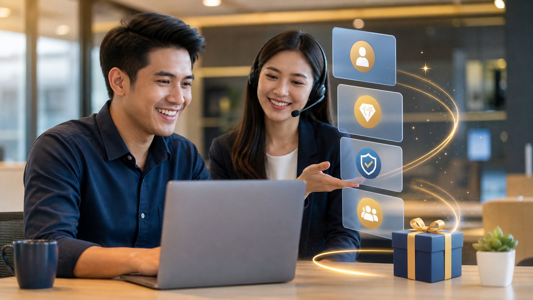 Dua orang dewasa membahas proses pendaftaran dan manfaat keanggotaan baru di depan laptop dalam suasana kantor modern.