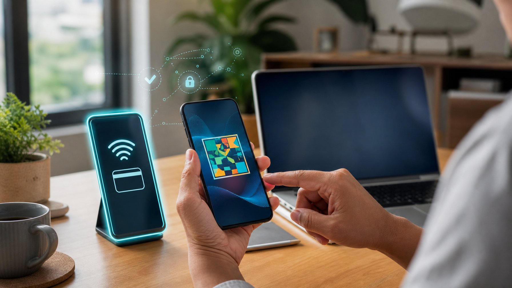 Tangan menggunakan ponsel untuk pembayaran digital di meja kerja modern dengan laptop dan dompet digital.