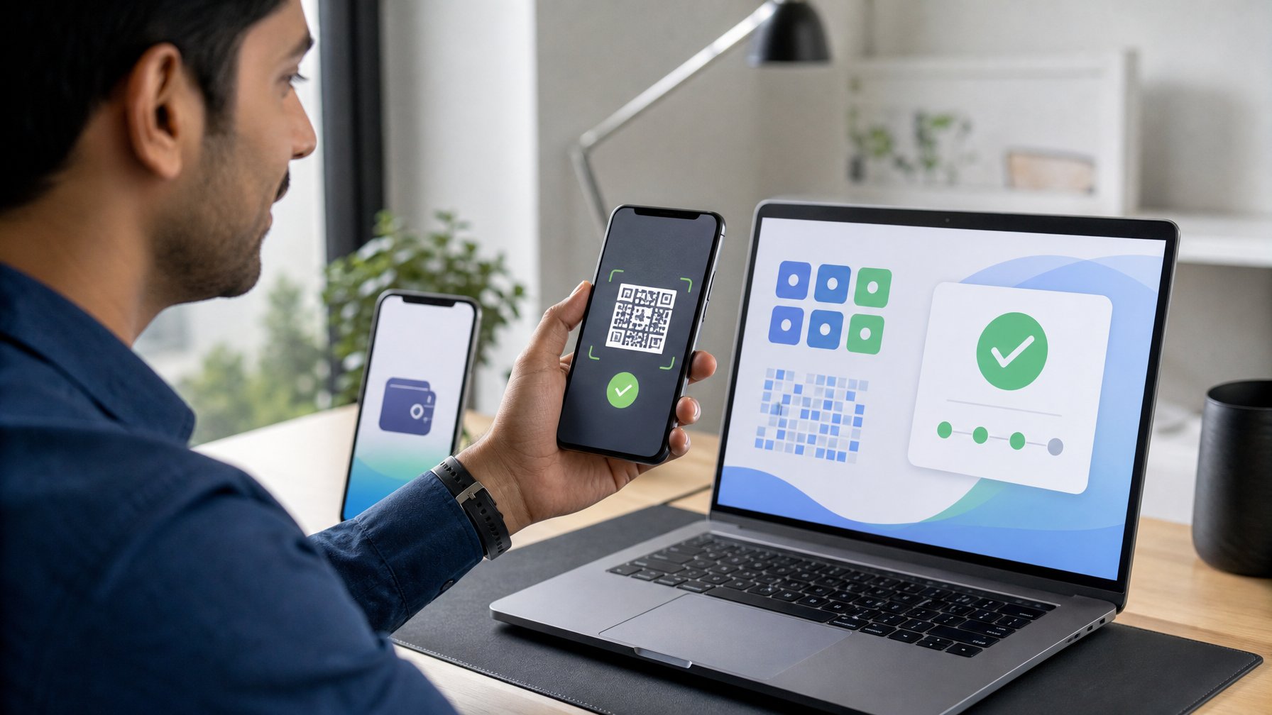 Orang dewasa menggunakan ponsel untuk memindai pembayaran digital di meja kerja modern.