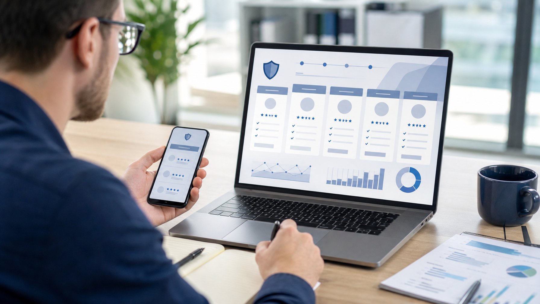 Seorang analis meninjau perbandingan platform digital pada laptop dan ponsel di meja kerja modern.