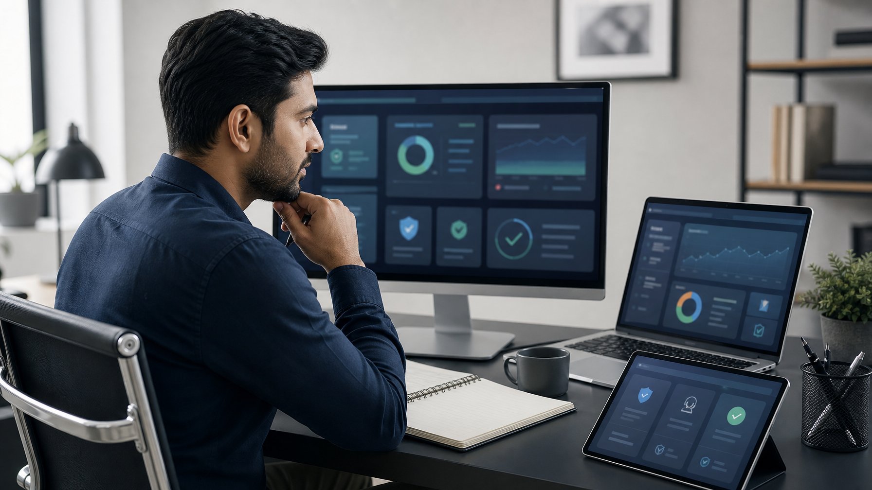 Analis membandingkan beberapa dasbor platform digital di ruang kerja modern.