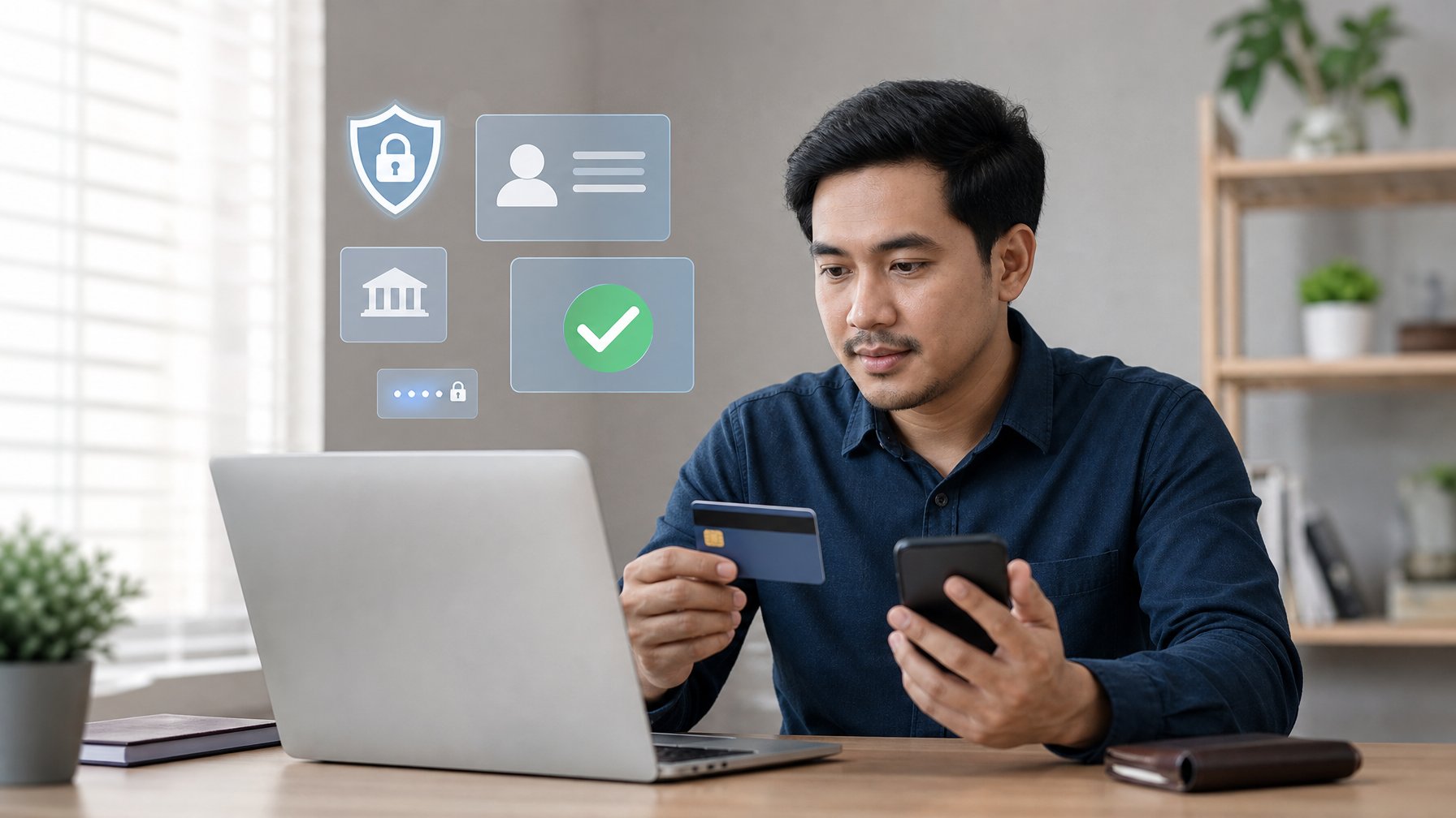 Seseorang memeriksa verifikasi akun dan detail transaksi digital di laptop dengan ponsel, kartu bank, dan dompet digital di meja.