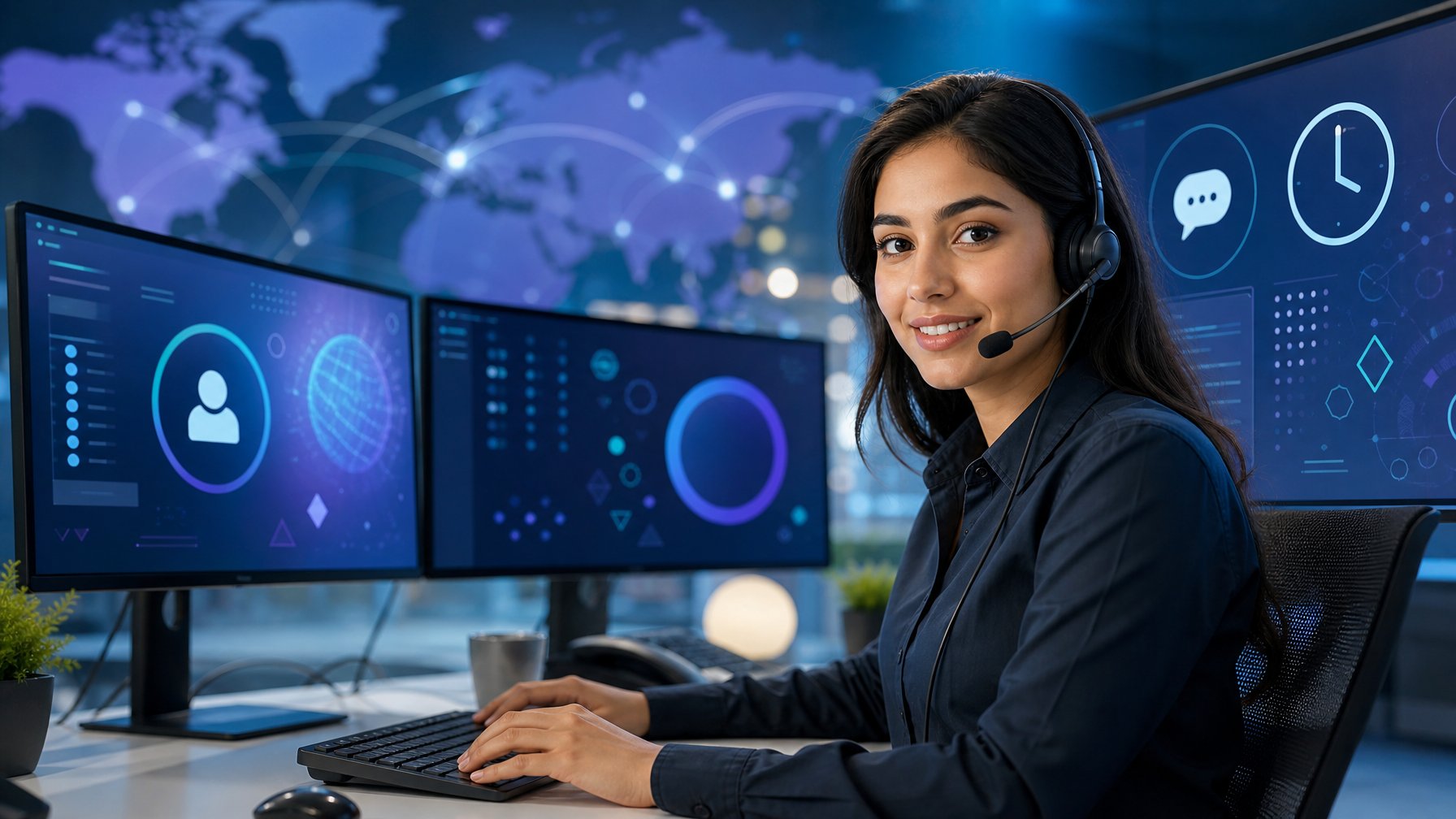 Petugas layanan pelanggan memakai headset dan bekerja di depan beberapa monitor dalam ruang kantor modern.