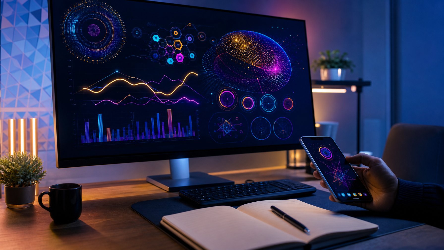 Meja kerja modern dengan monitor yang menampilkan pola dan grafik abstrak berwarna-warni.