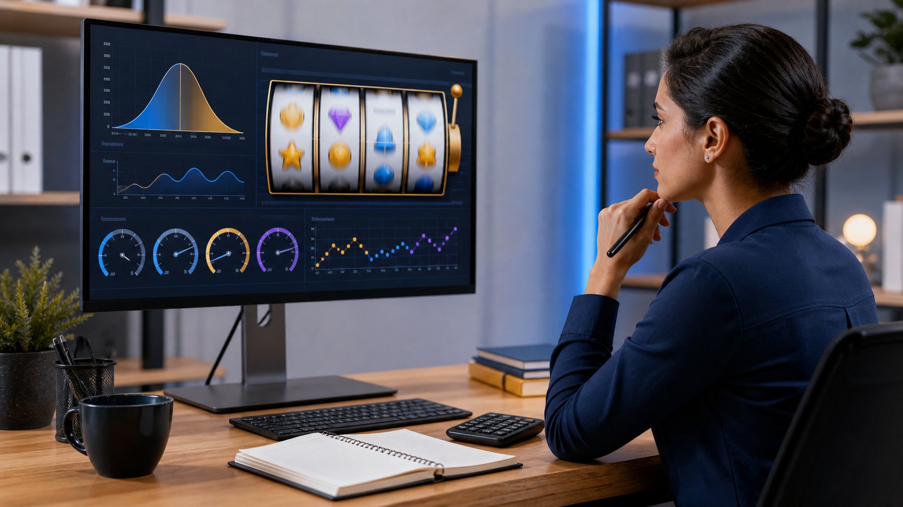 Seorang analis dewasa memeriksa grafik statistik permainan pada monitor di ruang kerja modern.