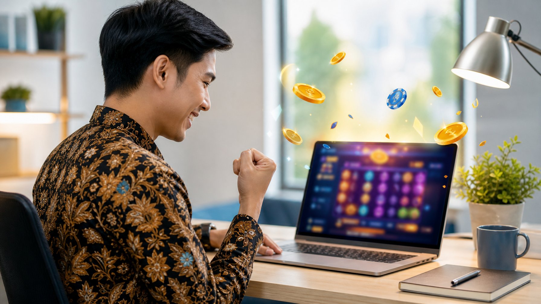 Orang dewasa menggunakan laptop di ruang kerja modern dengan elemen permainan digital dan koin di sekitarnya.