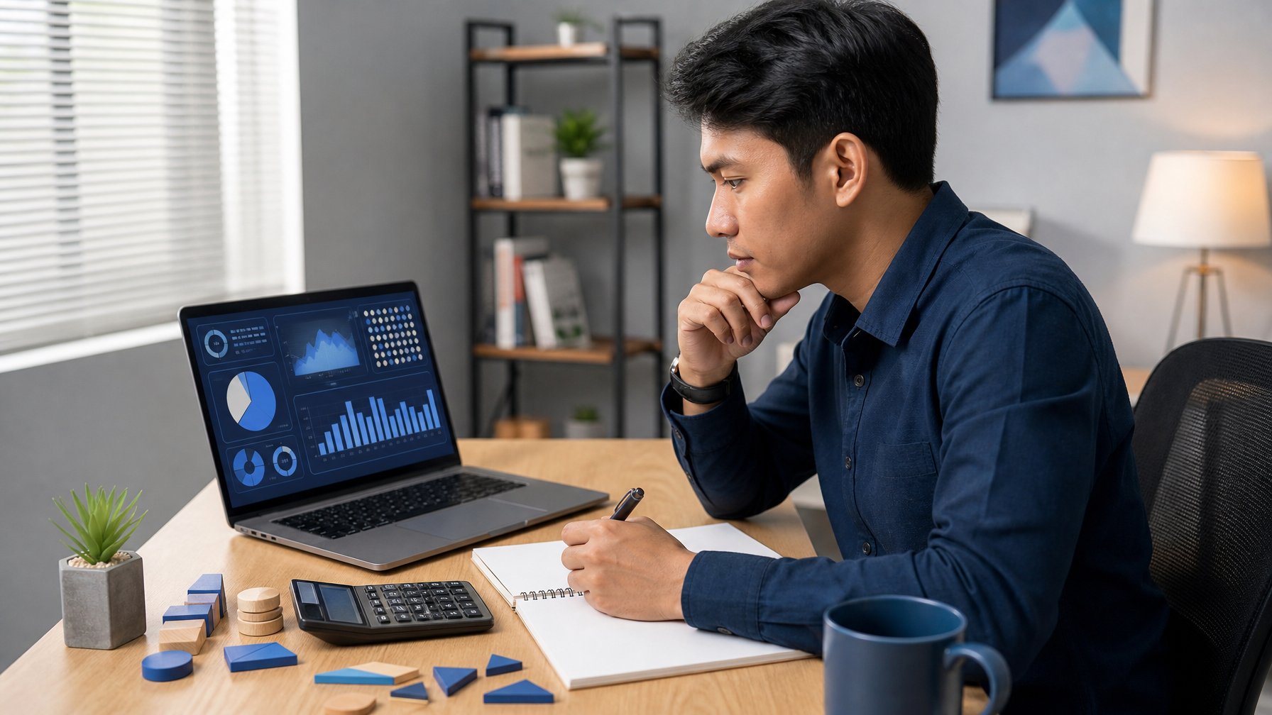 Orang dewasa mempelajari grafik probabilitas di laptop dengan kalkulator dan buku catatan di meja kerja.