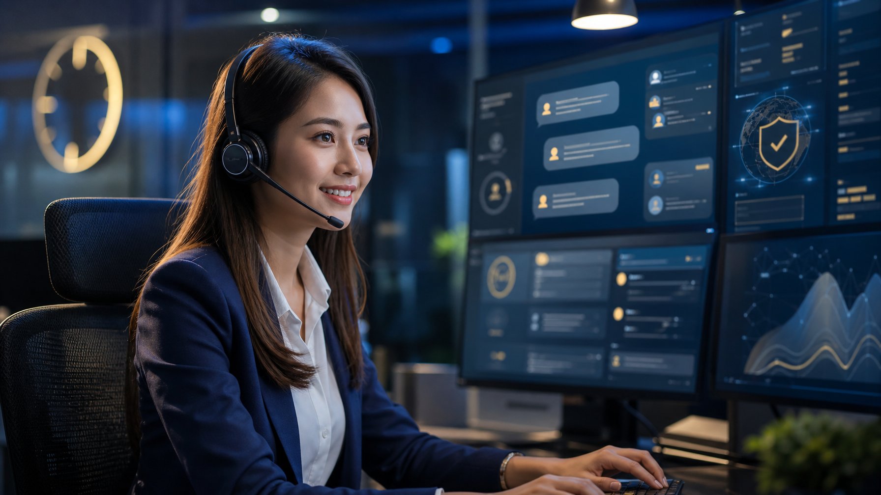 Petugas layanan pelanggan memakai headset membantu pengguna melalui percakapan daring di ruang kerja modern.
