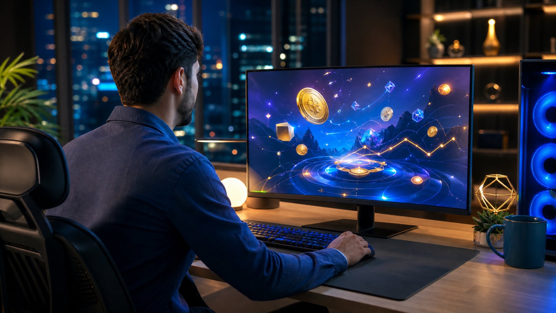 Orang dewasa melihat antarmuka permainan digital berwarna-warni di depan monitor dengan latar cahaya futuristis.