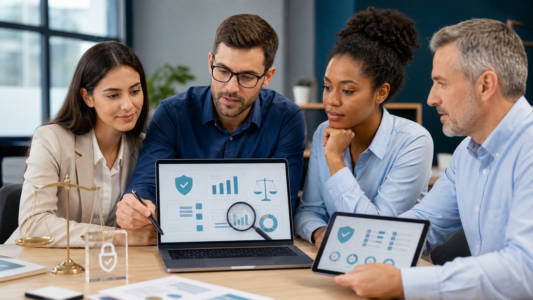 Tim profesional menilai dashboard data digital untuk mengevaluasi transparansi dan keadilan platform.