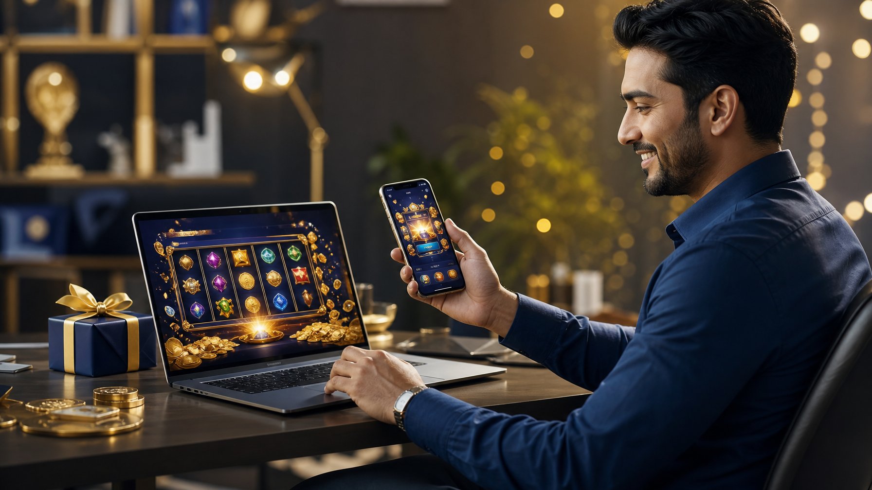 Seseorang tersenyum melihat perangkat digital dengan tampilan permainan bercahaya, dikelilingi koin emas dan hiasan meriah.