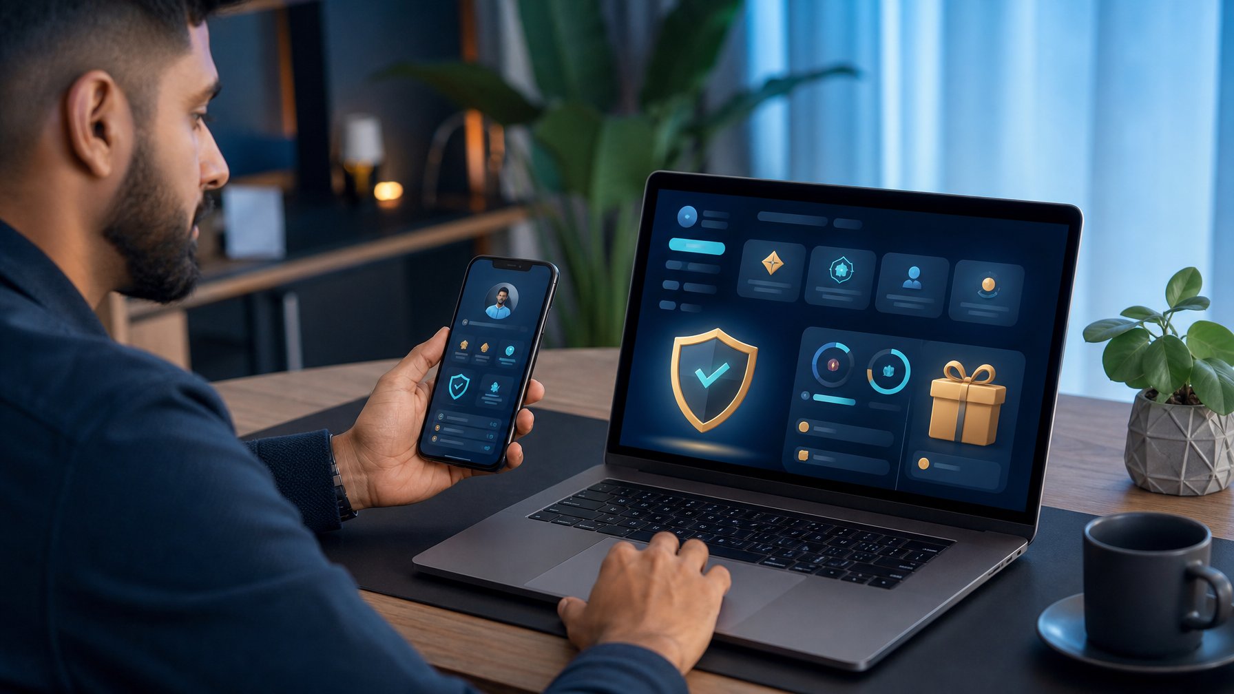 Orang dewasa melihat laptop dan ponsel dengan simbol keamanan serta hadiah dalam suasana kerja modern.