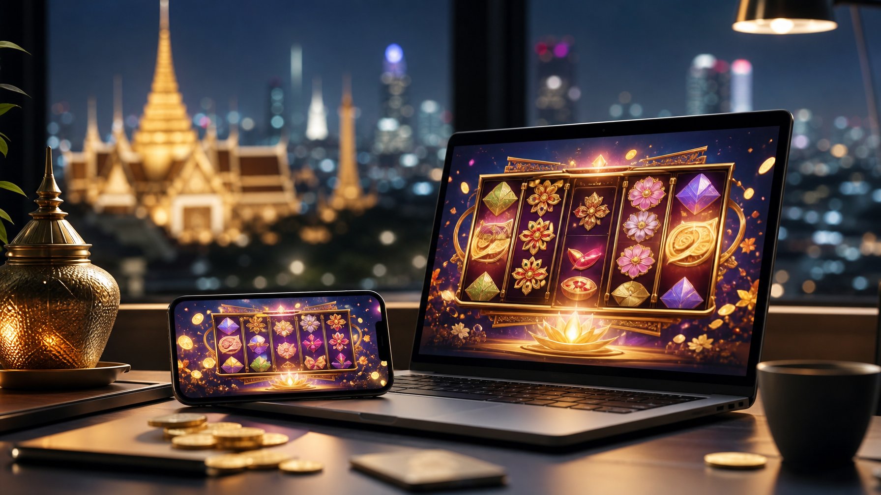 Perangkat laptop dan ponsel menampilkan permainan slot abstrak dengan dekorasi bernuansa Thailand dan latar kota yang bercahaya.
