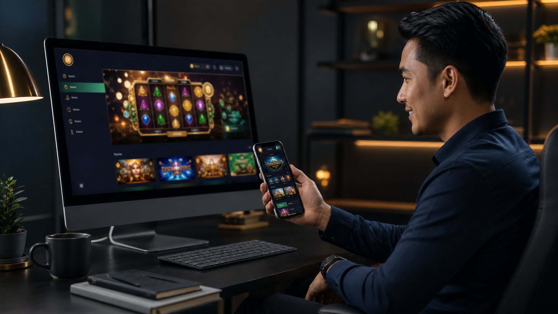 Seseorang melihat tampilan permainan digital berwarna-warni pada komputer dan ponsel di meja modern.