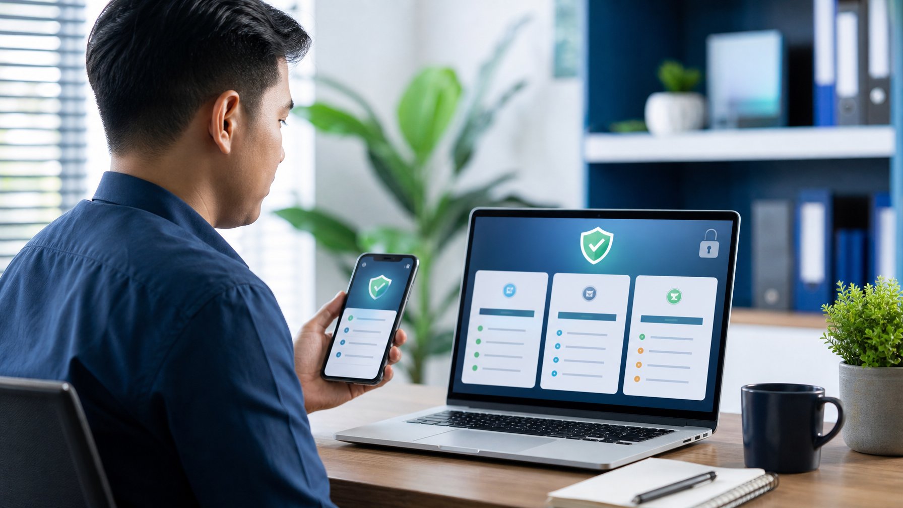 Orang dewasa membandingkan platform permainan daring yang aman menggunakan laptop dan ponsel di ruang kerja.