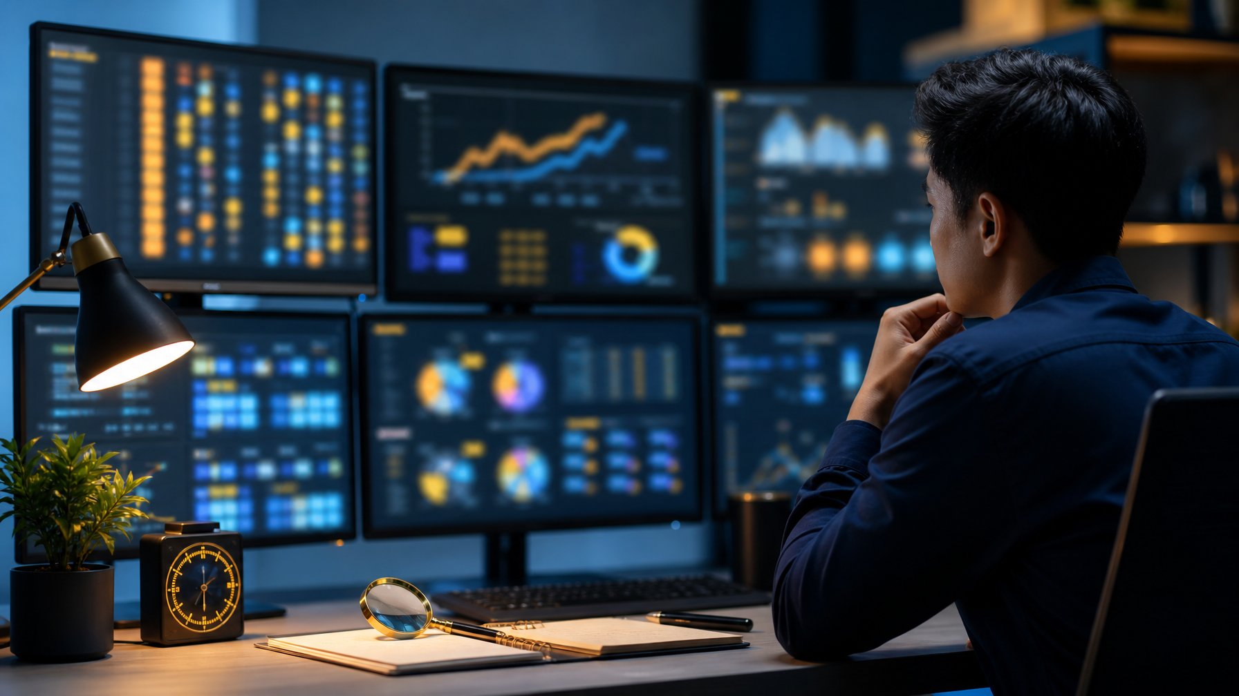 Seorang administrator menganalisis pola data abstrak di beberapa monitor dalam kantor modern.