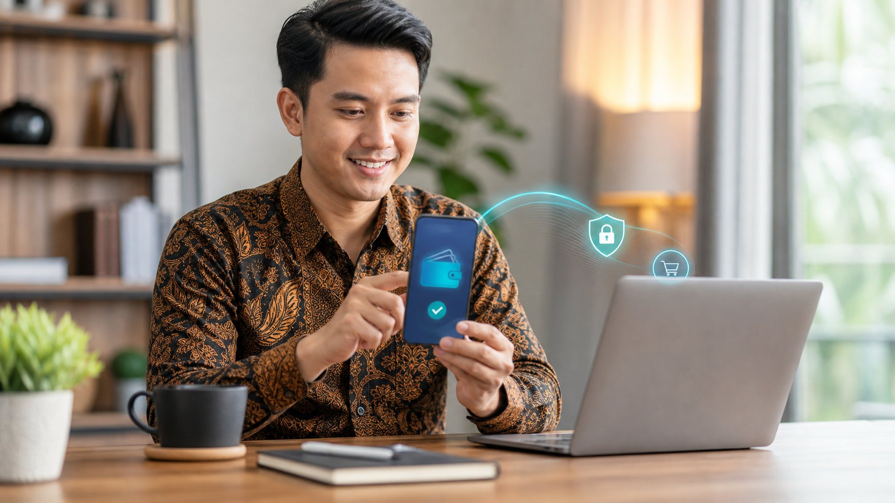 Seorang dewasa Indonesia menggunakan ponsel untuk pembayaran digital di meja kerja modern.