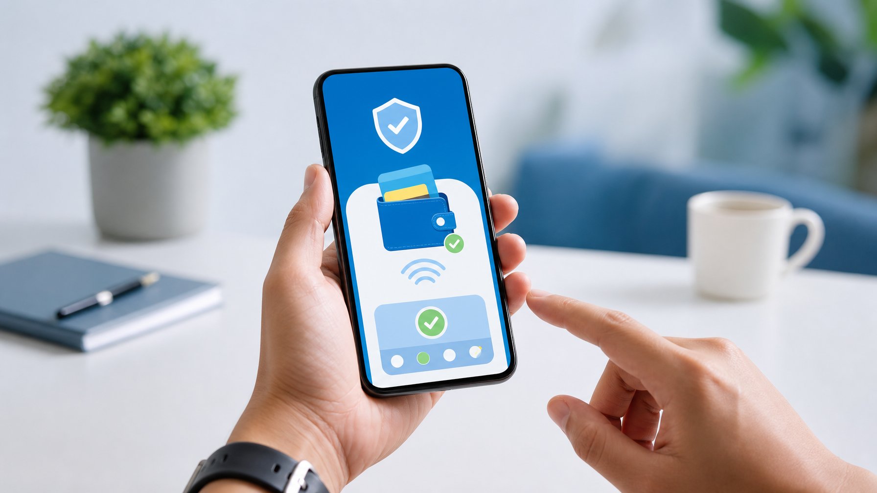 Seseorang menggunakan ponsel untuk melakukan transaksi pembayaran digital dengan simbol keamanan dan dompet elektronik.