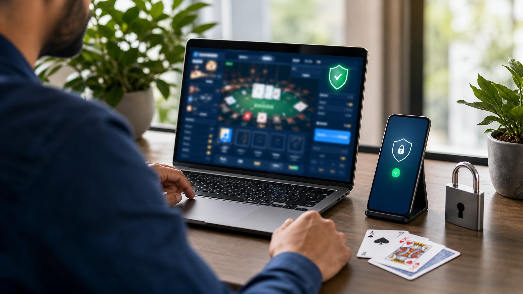 Seseorang memeriksa platform permainan kartu daring pada laptop dan ponsel dengan simbol keamanan di meja kerja.