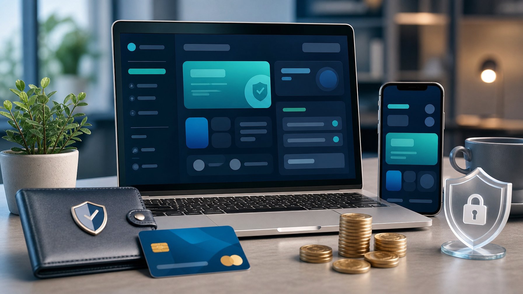 Meja kerja modern dengan laptop, ponsel, dompet digital, kartu pembayaran, ikon perisai, dan koin.
