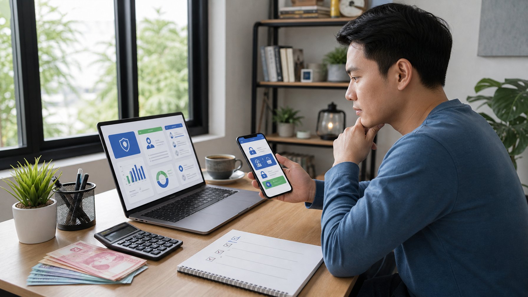 Seseorang membandingkan beberapa antarmuka akun digital di laptop dan ponsel di meja kerja.