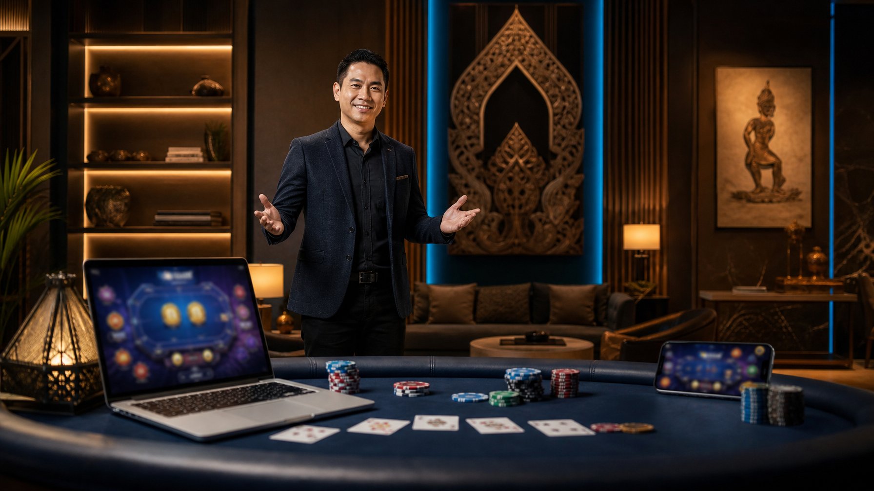 Seorang pria dewasa menyambut di ruang permainan modern dengan meja kartu, keping permainan, laptop, dan ponsel.