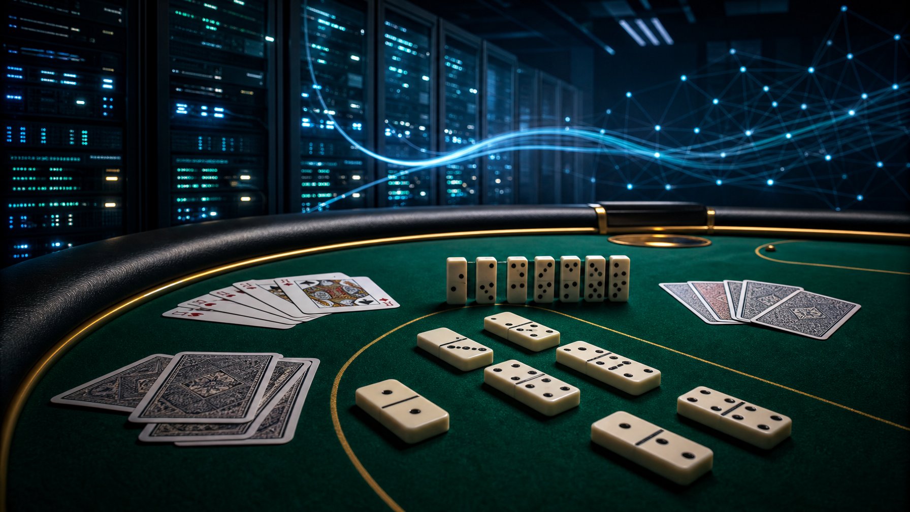Meja permainan domino dan kartu dengan latar belakang server digital modern yang terhubung.