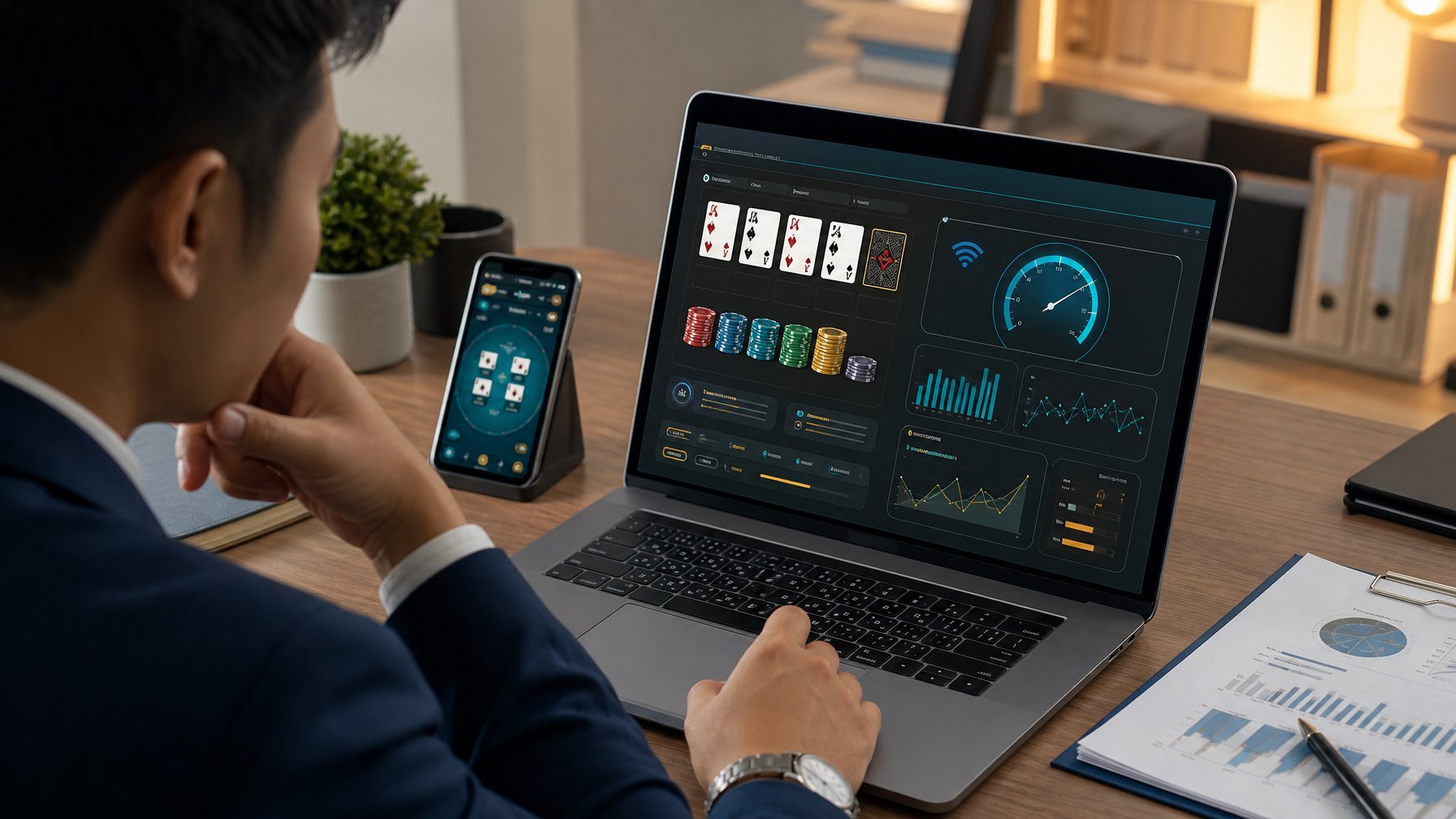 Seorang analis meninjau antarmuka permainan kartu digital di laptop dengan ponsel dan indikator koneksi di atas meja.