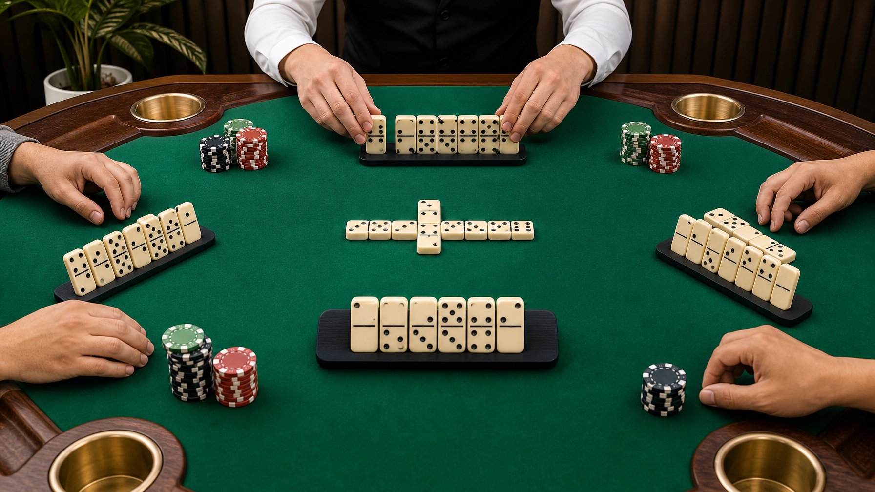 Tangan pemain dan bandar menata kartu domino di atas meja permainan.