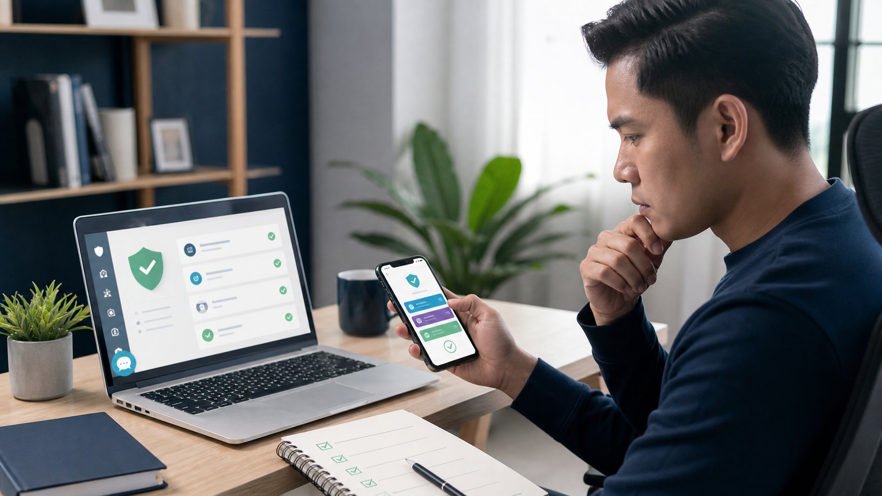 Seseorang membandingkan platform digital dengan indikator keamanan di laptop dan ponsel, serta alur pembayaran dompet elektronik.