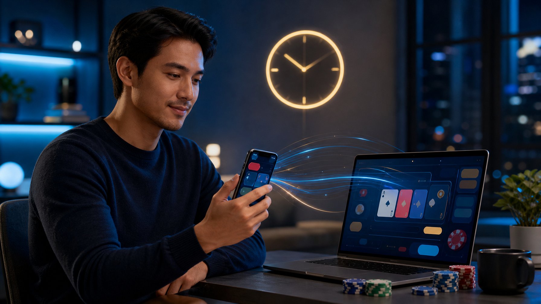 Seseorang menggunakan laptop dan ponsel di meja modern dengan simbol kartu dan cahaya digital.