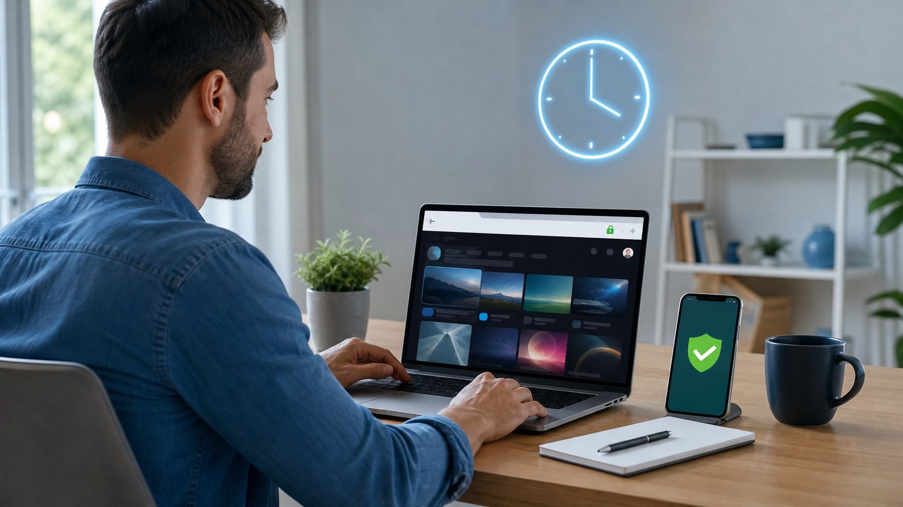 Seseorang menggunakan laptop dengan simbol keamanan dan akses digital yang terverifikasi.