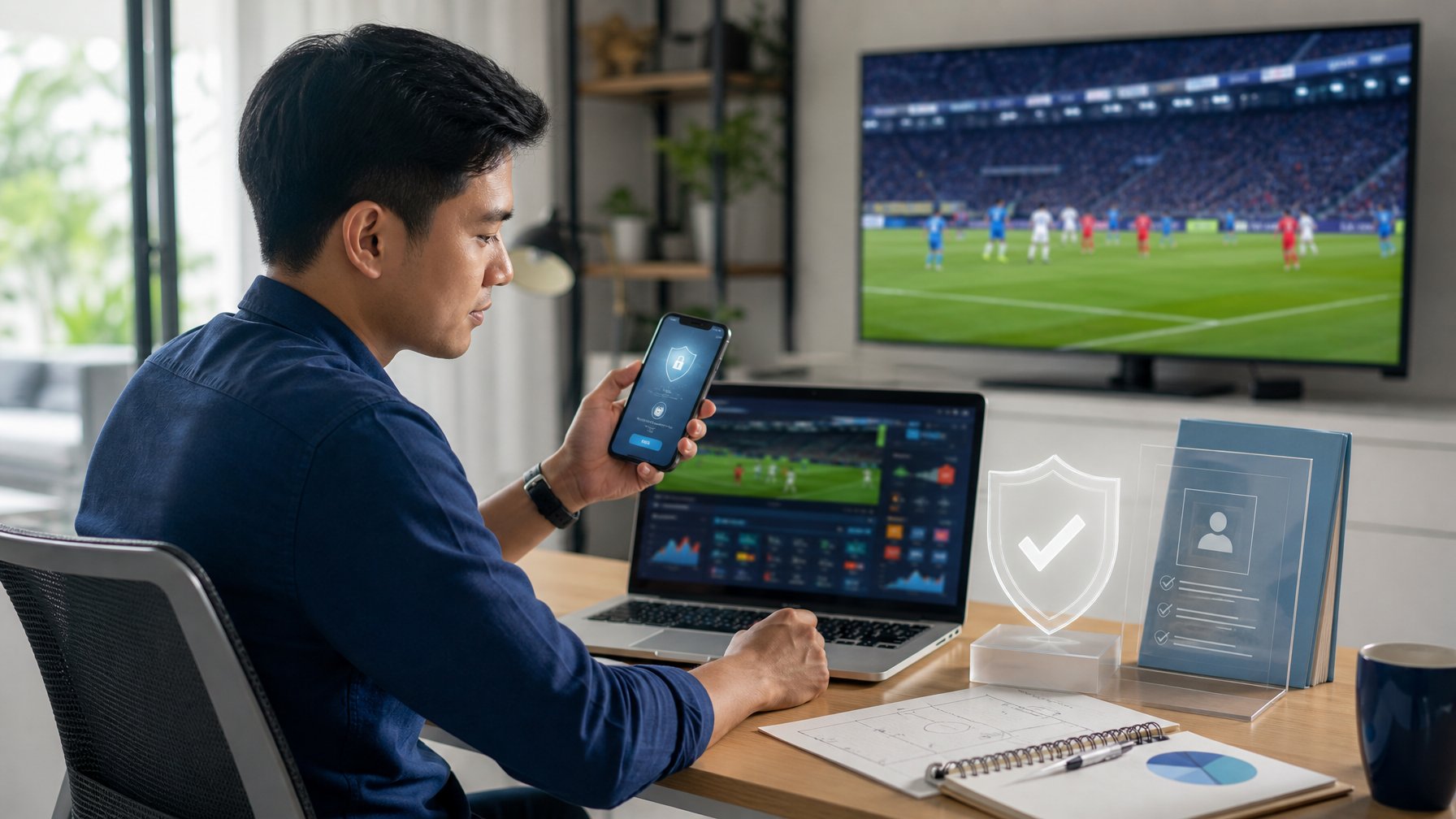 Orang dewasa membandingkan informasi sepak bola dan simbol keamanan di laptop serta ponsel dalam ruang kerja modern.