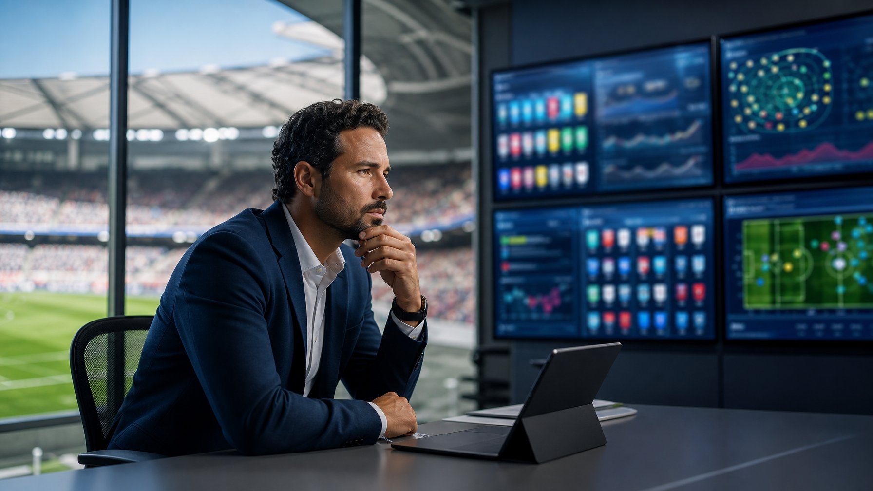Analis sepak bola profesional mempelajari data pertandingan di kantor modern dengan stadion terlihat di latar belakang.
