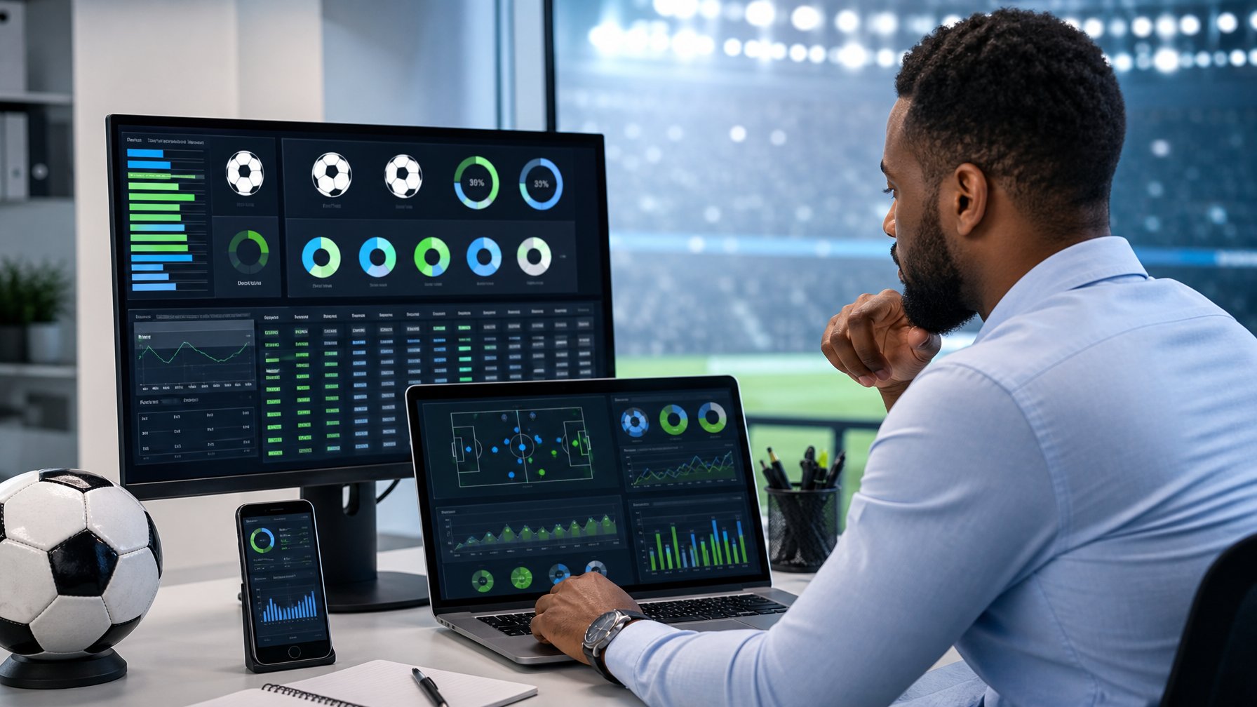 Analis memeriksa perbandingan pasar dan odds sepak bola di laptop dan ponsel dalam ruang kerja modern.