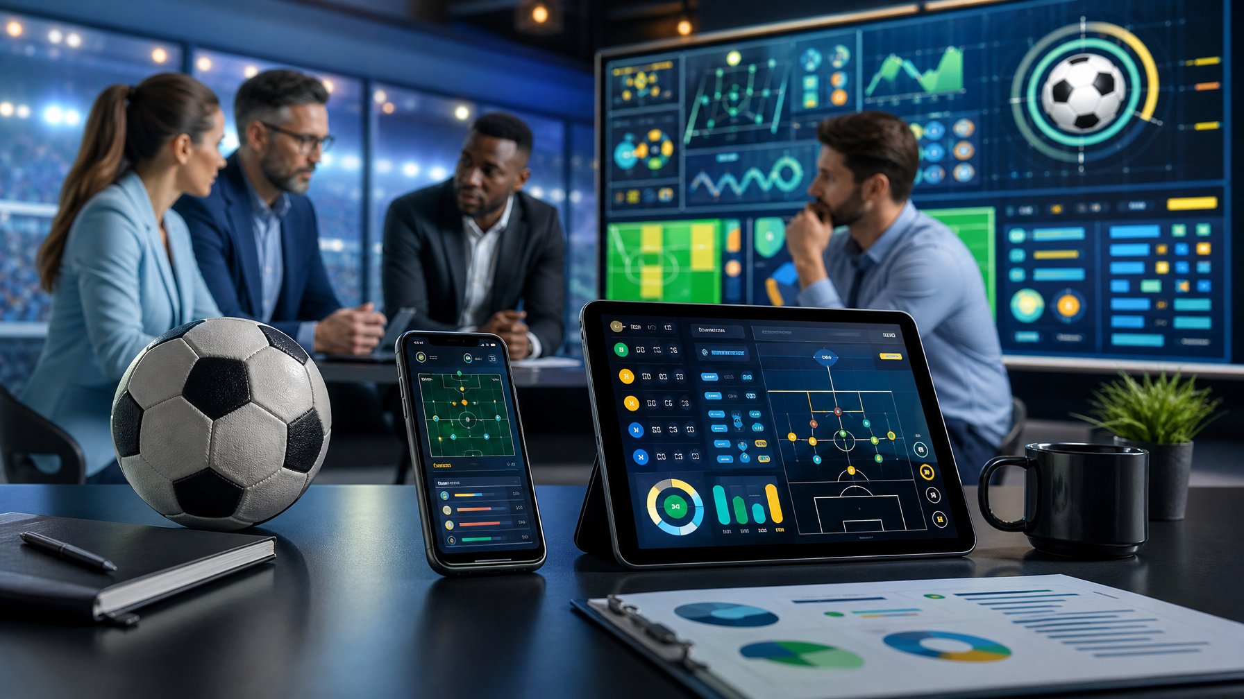Analis sepak bola dewasa melihat jadwal pertandingan dan statistik abstrak di perangkat digital, dengan bola dan suasana stadion di latar belakang.