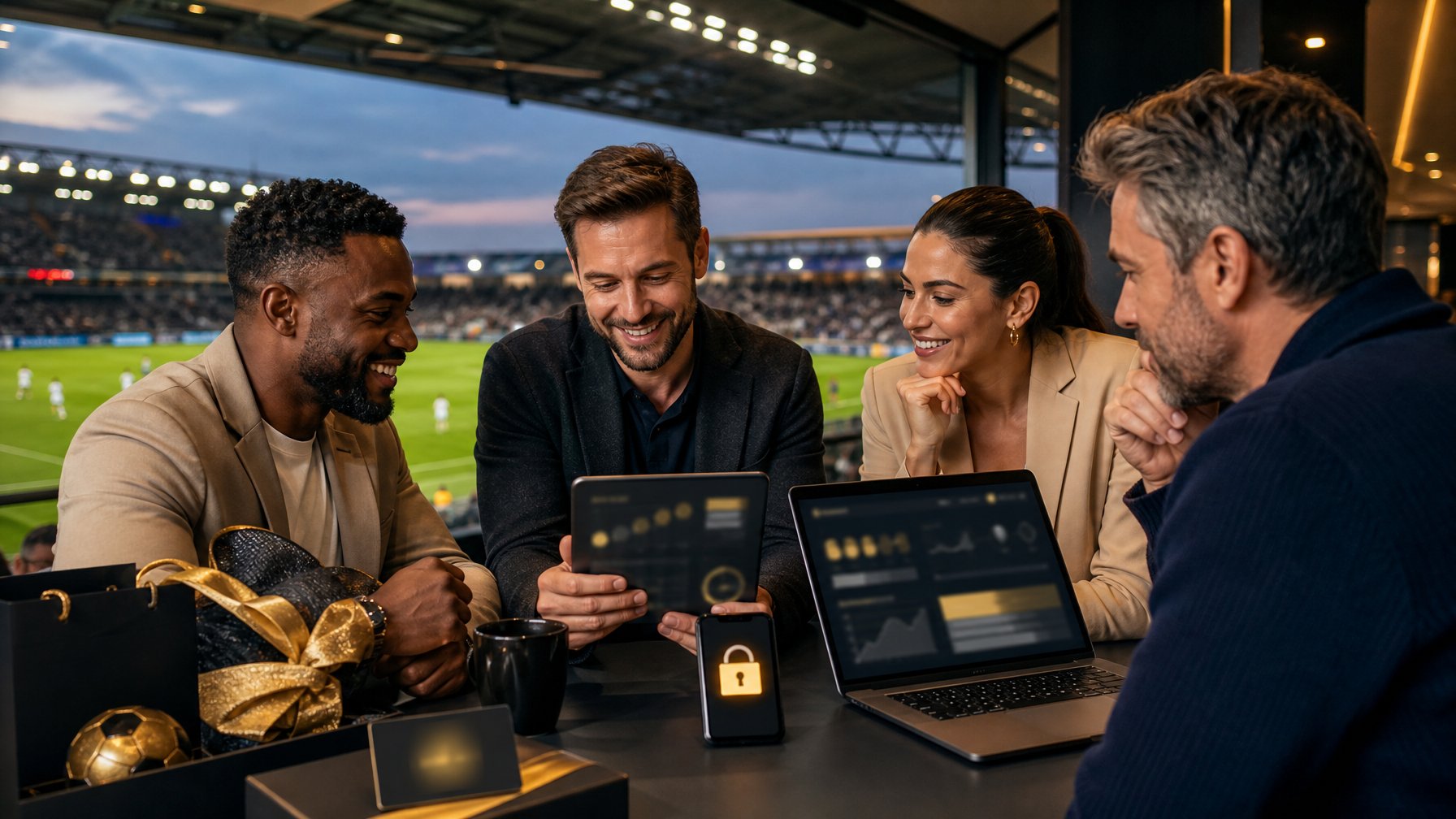Penggemar sepak bola dewasa meninjau statistik pertandingan di area stadion modern.