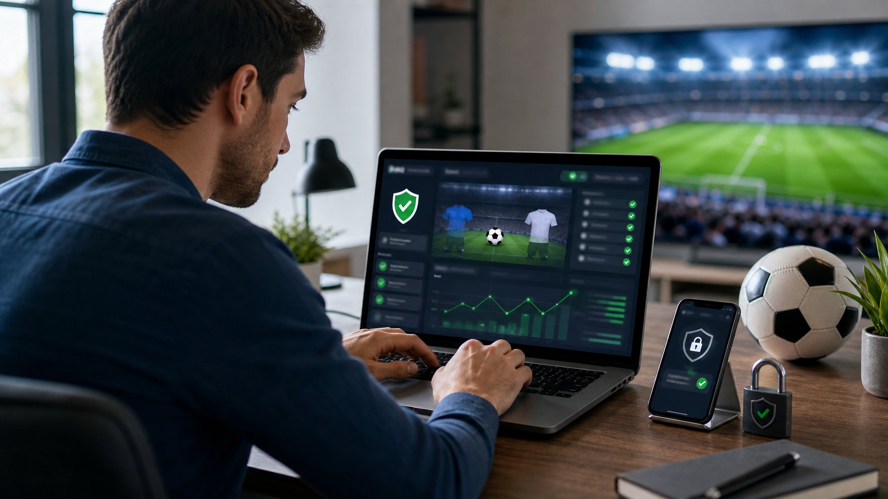 Seseorang meninjau platform olahraga digital yang aman di laptop dengan simbol perlindungan dan suasana stadion sepak bola di latar belakang.