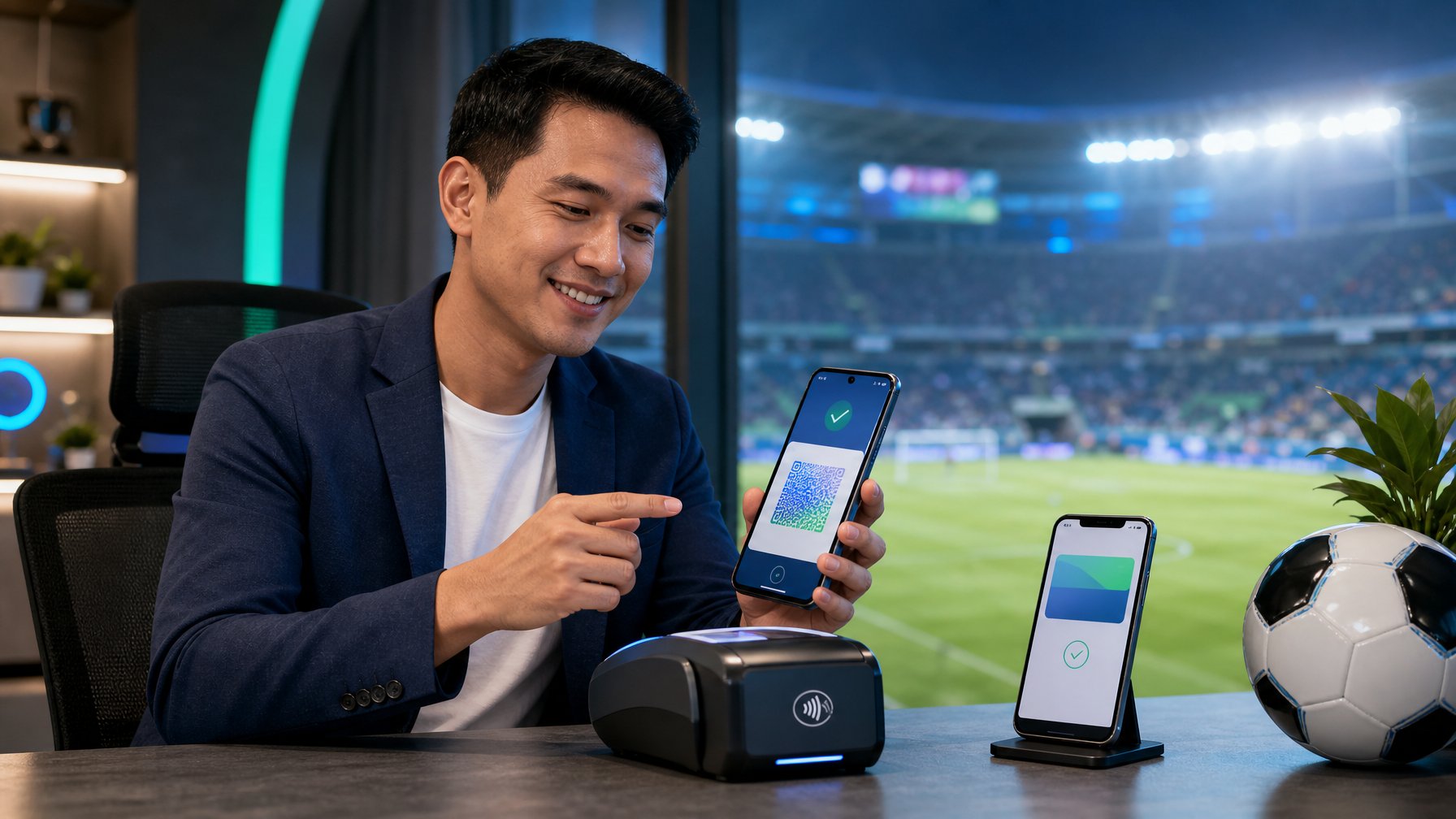 Seseorang menggunakan ponsel untuk melakukan pembayaran digital di dekat terminal pembayaran, dengan suasana stadion sepak bola yang samar di latar belakang.