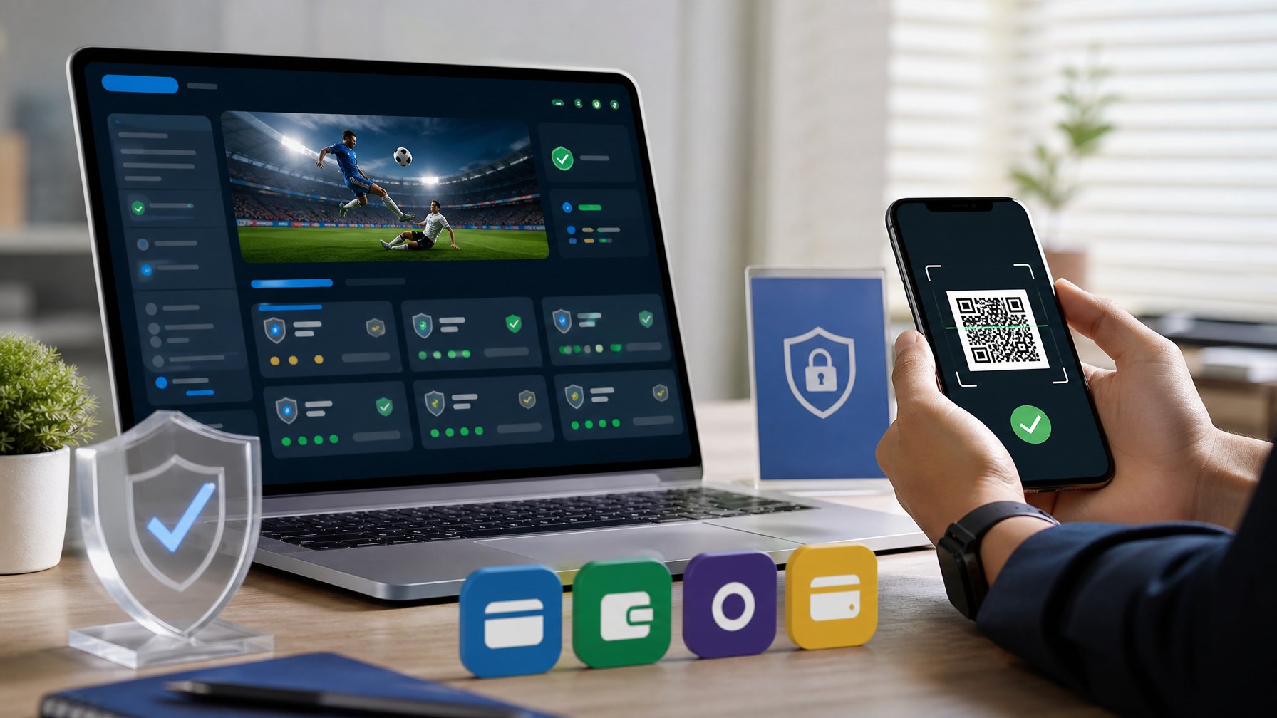 Laptop dan ponsel menampilkan konsep platform olahraga dan pembayaran digital yang aman di meja kerja modern.