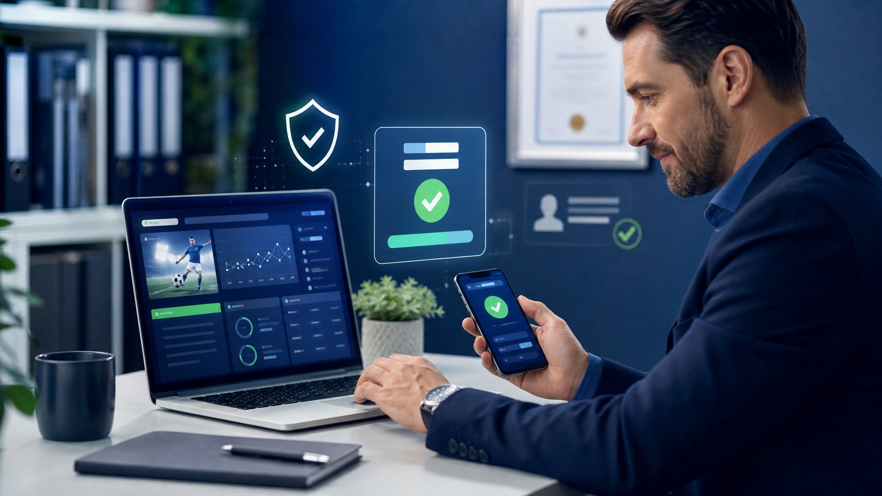 Seorang profesional memeriksa proses deposit aman pada perangkat digital dengan simbol perisai, gembok, dan verifikasi.