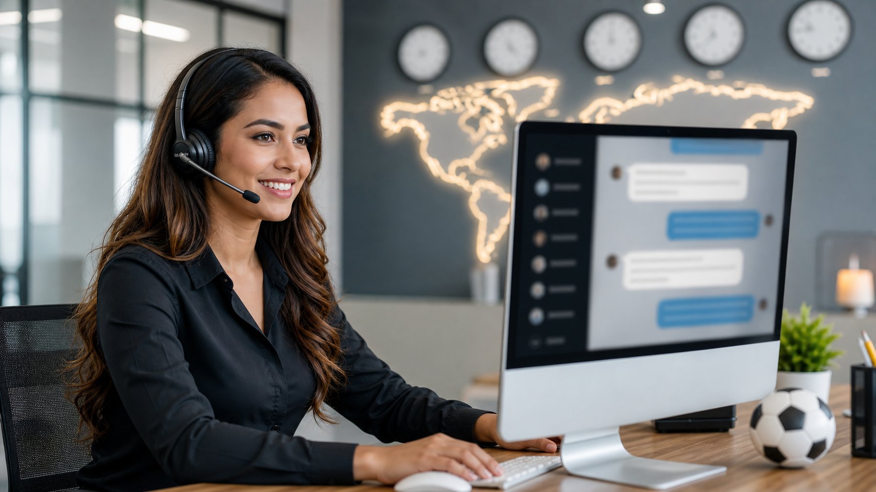 Petugas layanan pelanggan memakai headset membantu pengguna melalui obrolan langsung di kantor modern.