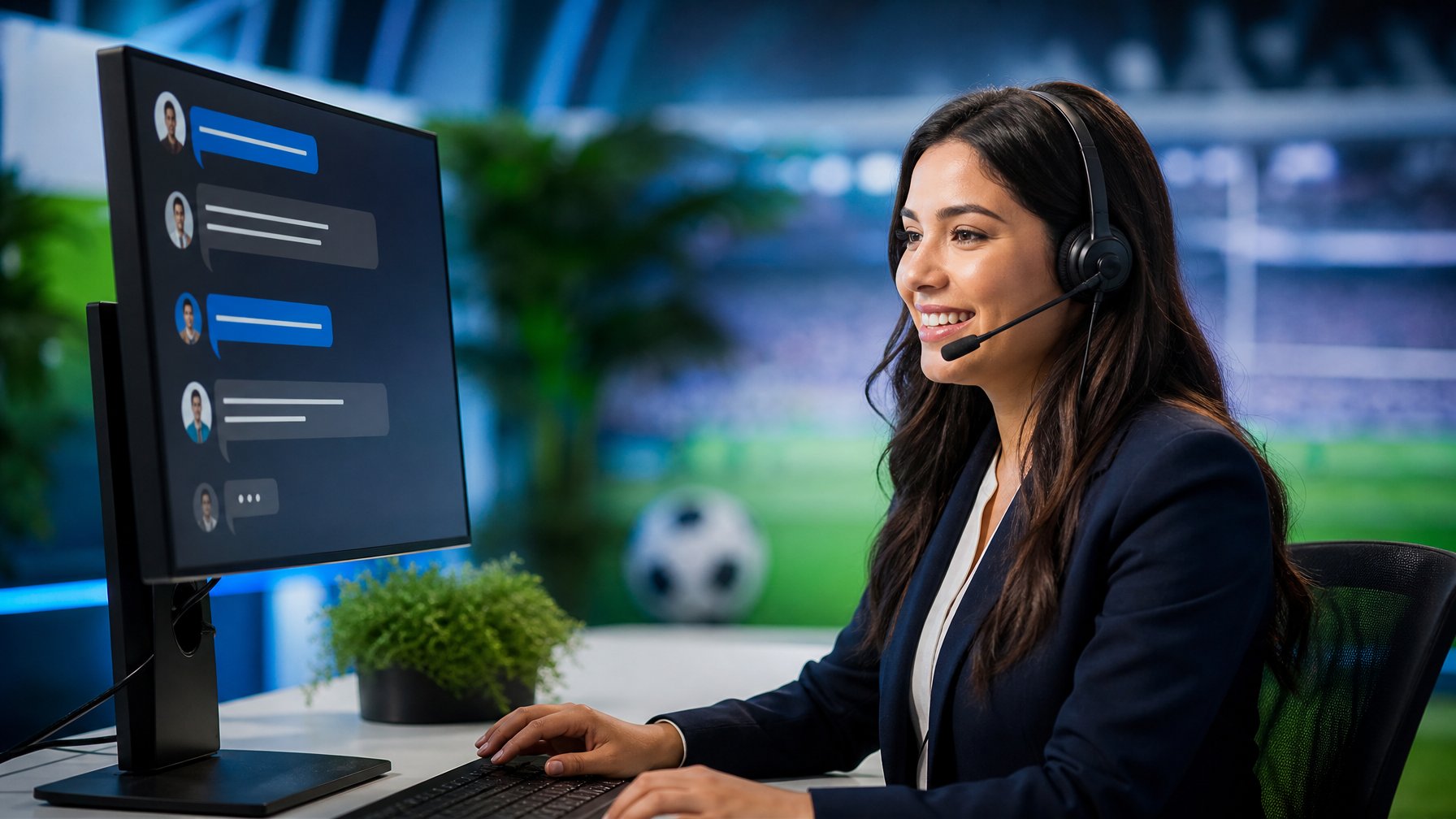 Perwakilan layanan pelanggan membantu pengguna melalui live chat di depan komputer dengan latar suasana sepak bola.