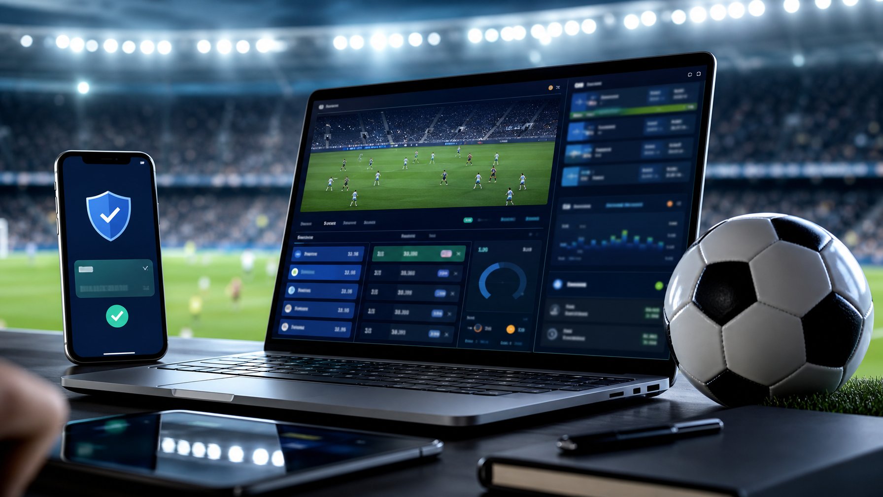 Perangkat digital menampilkan analisis pertandingan sepak bola dan simbol pembayaran aman di depan stadion.