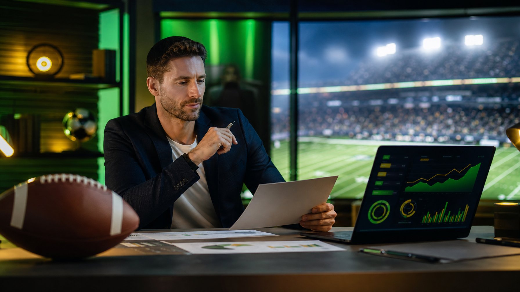 Analis olahraga memeriksa statistik sepak bola di studio modern dengan bola dan stadion yang tampak samar di latar belakang.