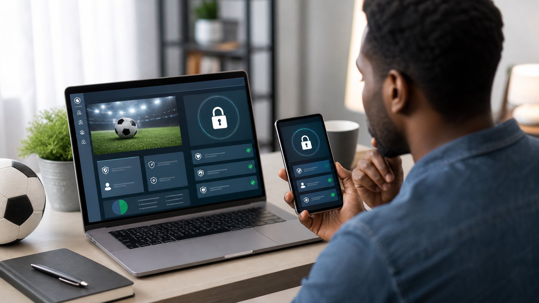 Seseorang memeriksa keamanan platform olahraga daring di laptop dan ponsel dengan simbol gembok.