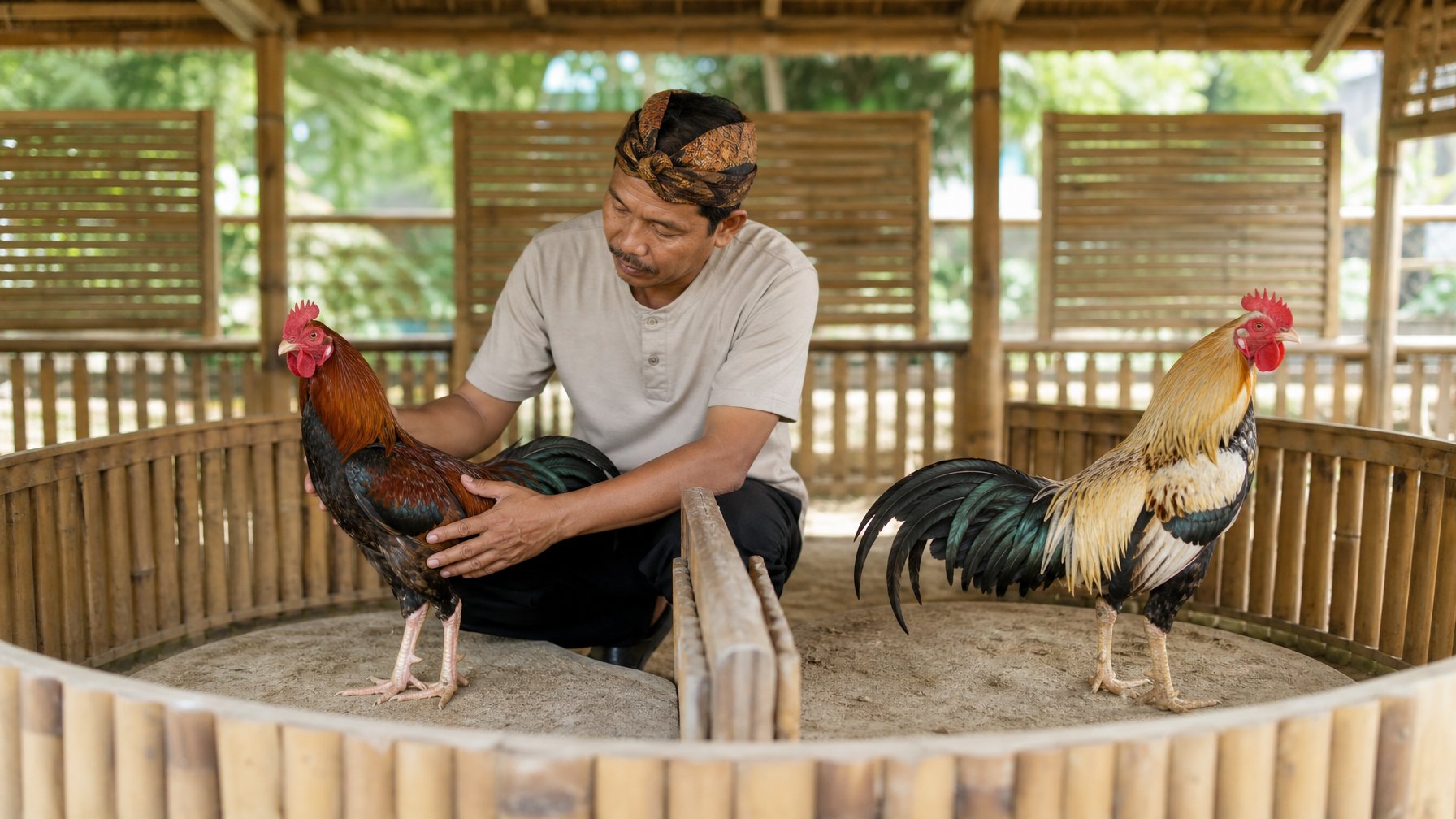 Seorang pawang memeriksa dua ayam jantan sehat di dalam arena kandang yang bersih.
