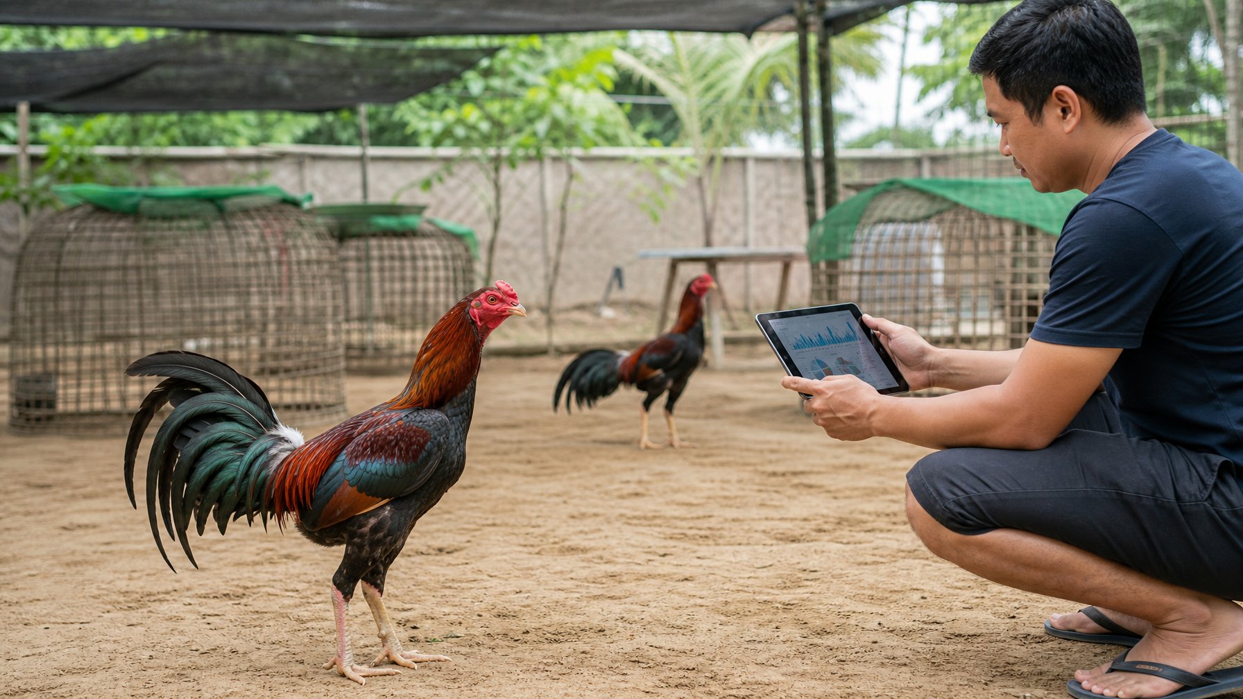 Seekor ayam jantan sehat diperiksa oleh pawang di halaman latihan yang bersih, dengan tablet berisi grafik abstrak di dekatnya.