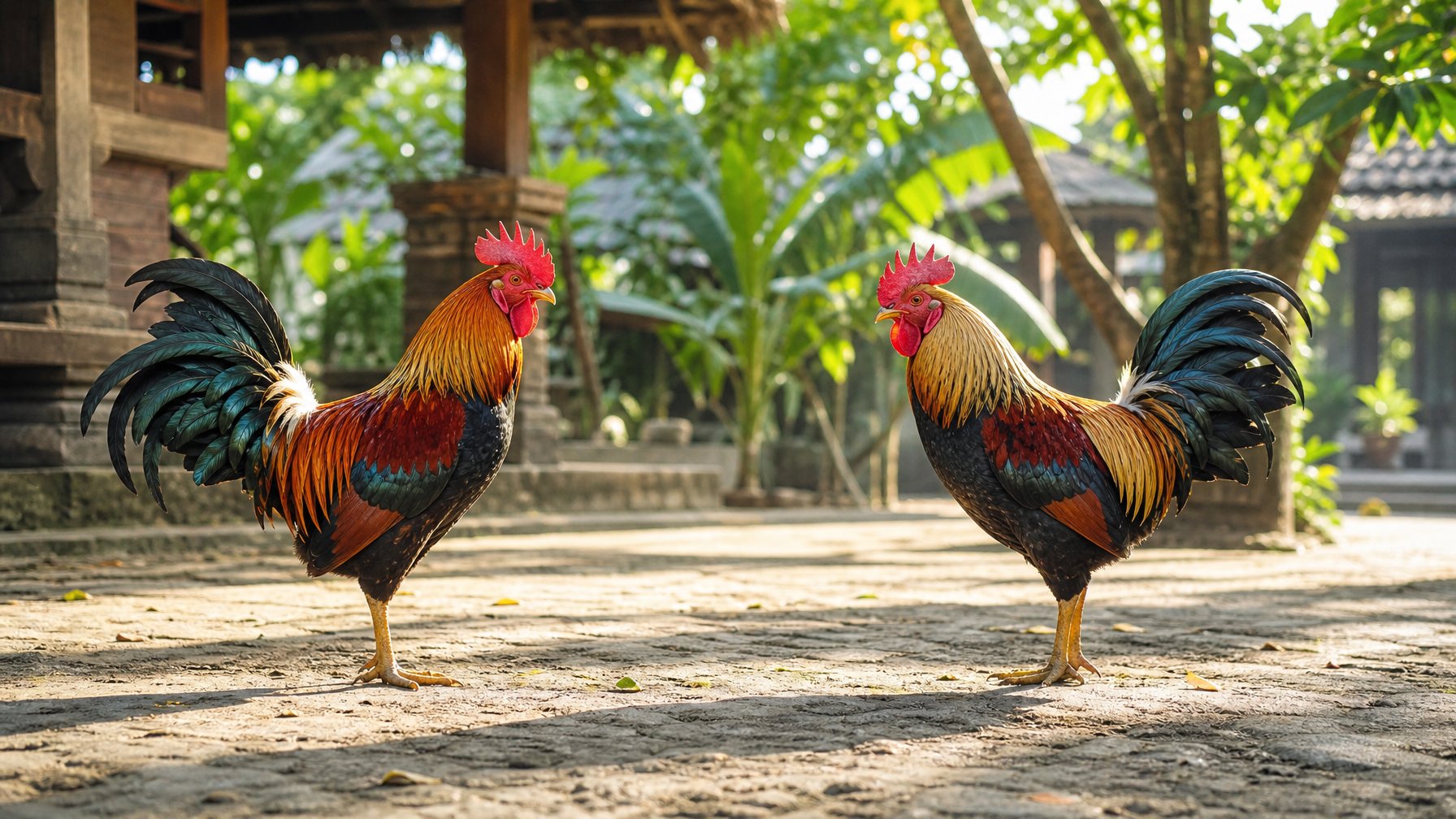 Dua ayam jantan berdiri terpisah di halaman pedesaan yang cerah dengan latar tanaman hijau.