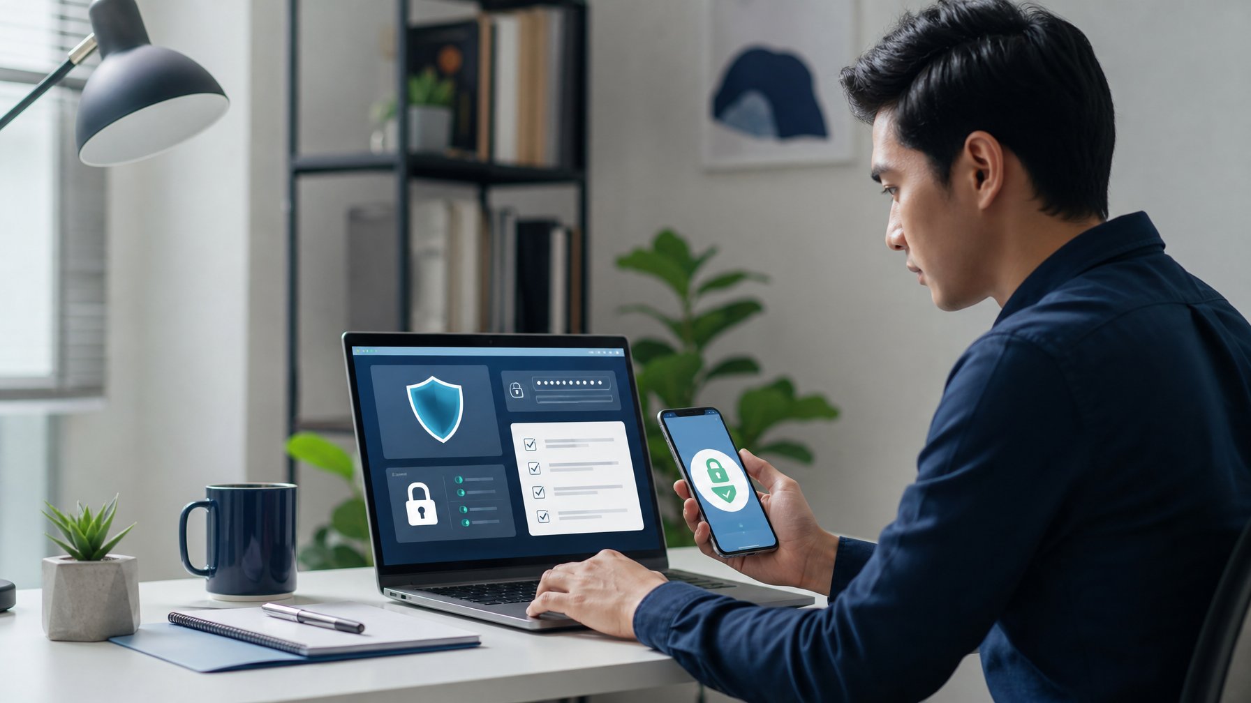 Profesional memeriksa keamanan akun dan kredibilitas platform melalui laptop dan ponsel di ruang kerja modern.